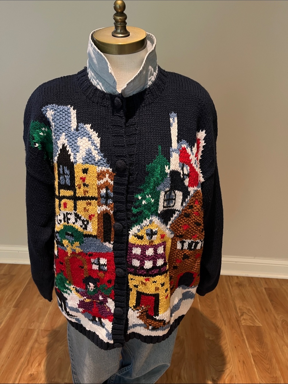 80’s Christmas navy hand knit  cardigan cotton blend village house motif size L